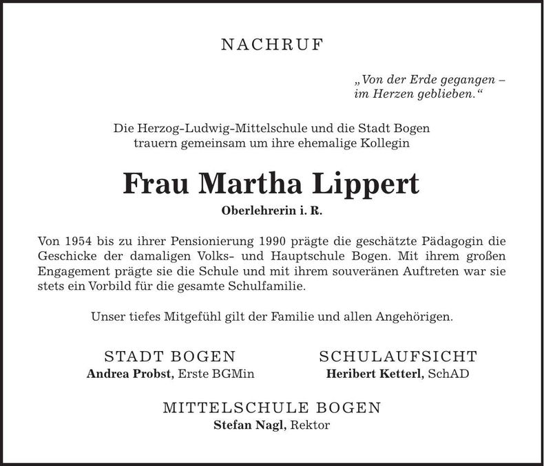 Traueranzeige Martha Lippert