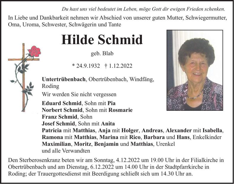 Traueranzeige Schmid Hilde