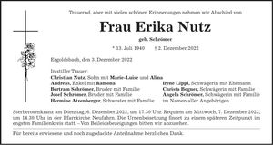 Traueranzeige Erika Nutz