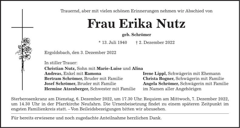 Traueranzeige Erika Nutz