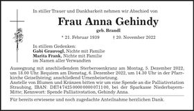 Traueranzeige Anna Gehindy