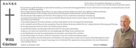 Traueranzeige Willi Gürtner