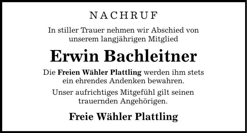 Traueranzeige Erwin Bachleitner