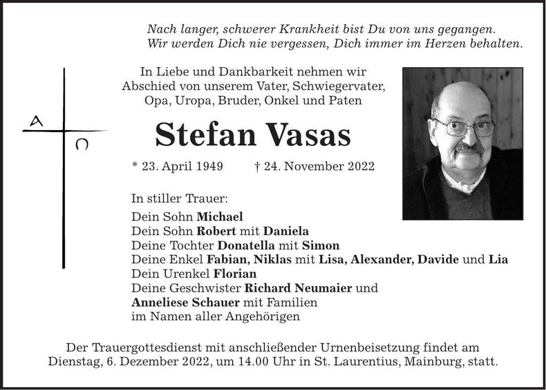 Traueranzeige Stefan Vasas