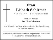 Traueranzeige Lisbeth Schirmer