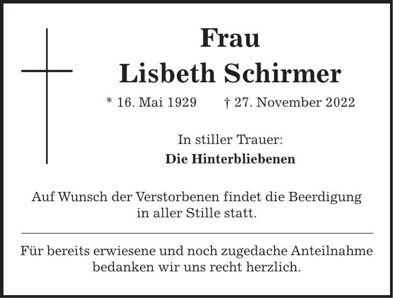Traueranzeige Lisbeth Schirmer