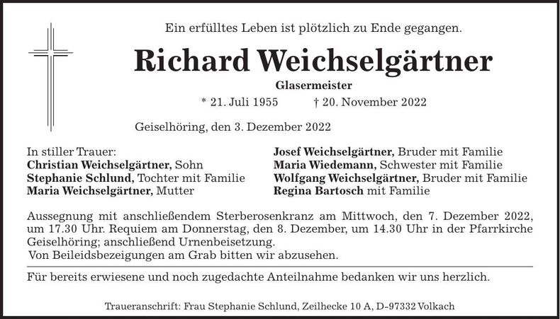 Traueranzeige Richard Weichselgärtner