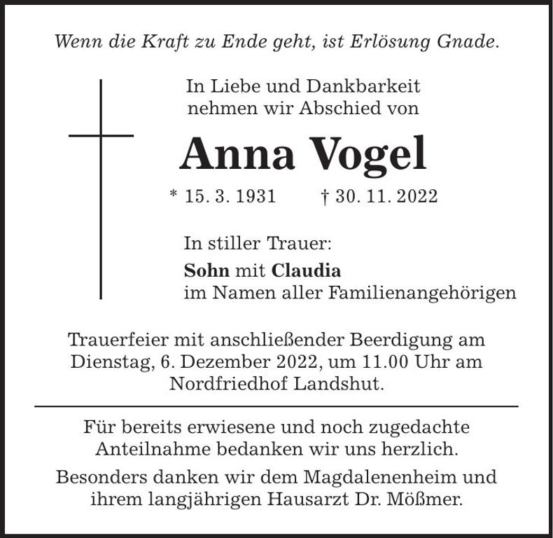 Traueranzeige Anna Vogel
