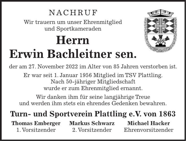 Traueranzeige Erwin Bachleitner