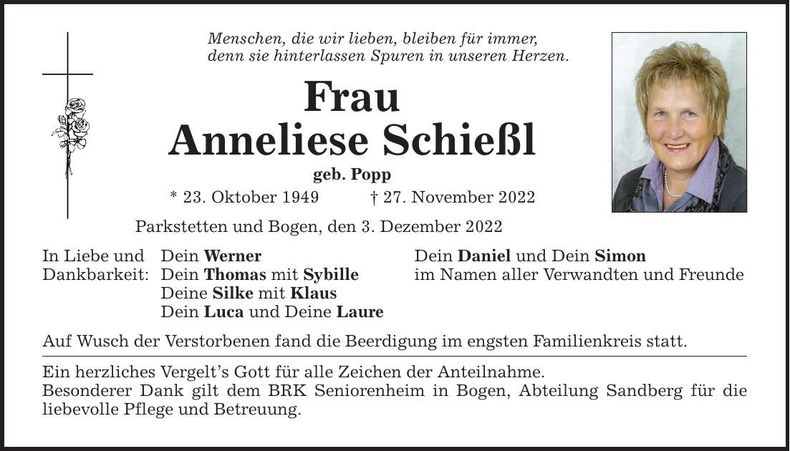 Traueranzeige Anneliese Schießl