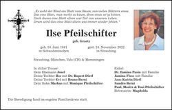 Traueranzeige Ilse Pfeilschifter