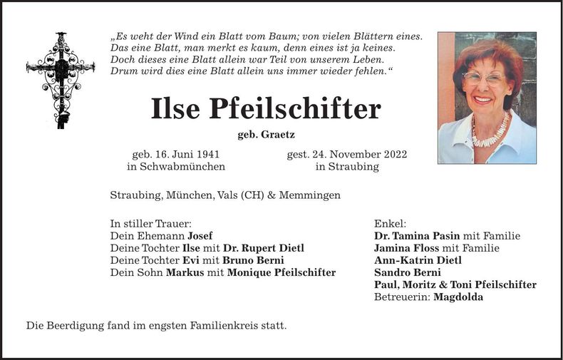 Traueranzeige Ilse Pfeilschifter