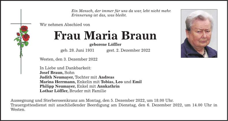 Traueranzeige Maria Braun