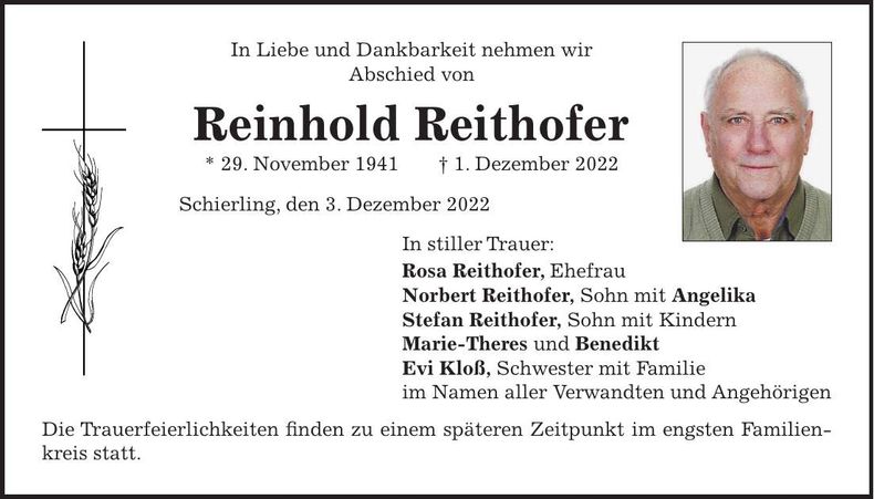 Traueranzeige Reinhold Reithofer