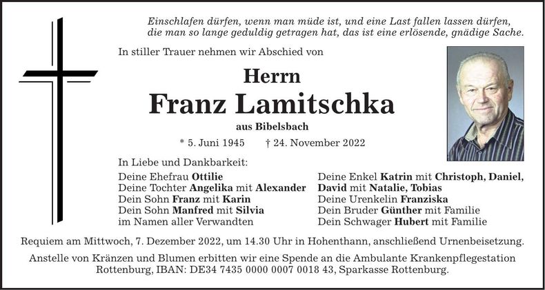 Traueranzeige Lamitschka Franz