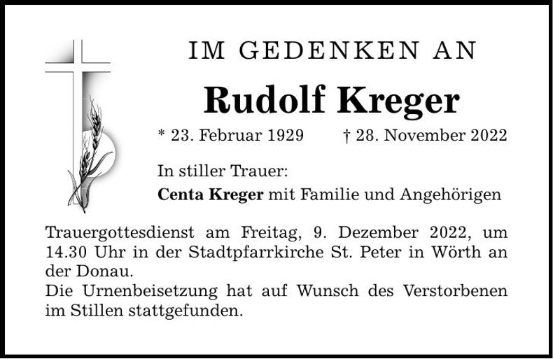 Traueranzeige Rudolf Kreger