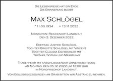 Traueranzeige Max Schlögel