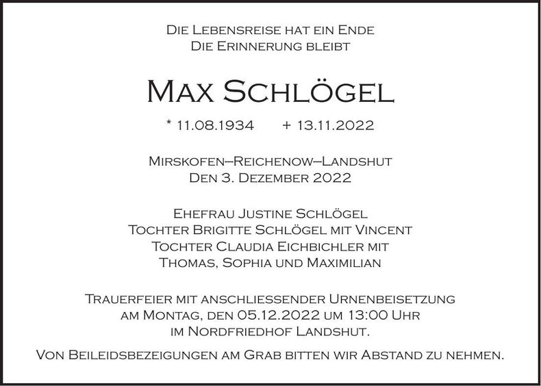 Traueranzeige Max Schlögel