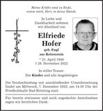 Traueranzeige Elfriede Hofer