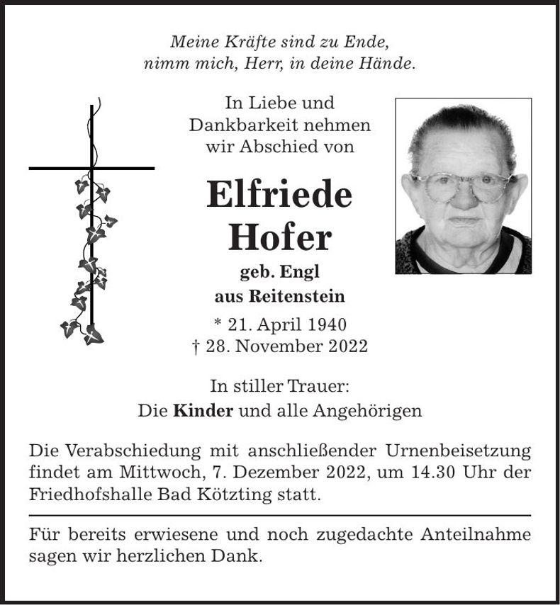 Traueranzeige Elfriede Hofer