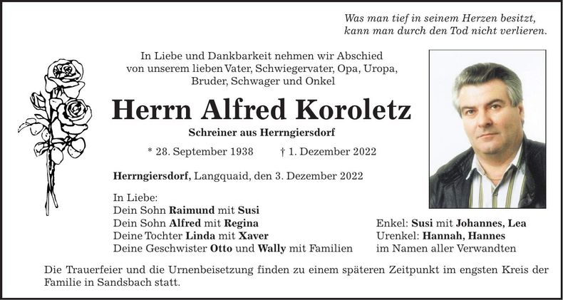 Traueranzeige Alfred Koroletz