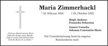 Traueranzeige Maria Zimmerhackl
