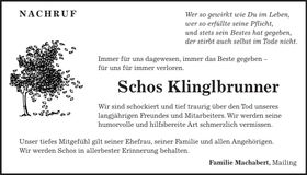 Traueranzeige Schos Klinglbrunner