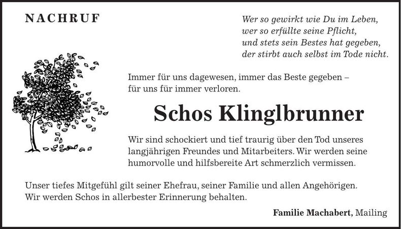 Traueranzeige Schos Klinglbrunner