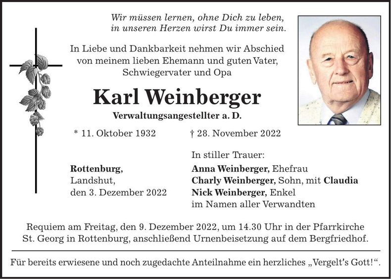Traueranzeige Karl Weinberger