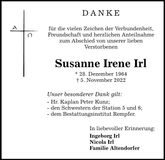 Traueranzeige Susanne Irene Irl