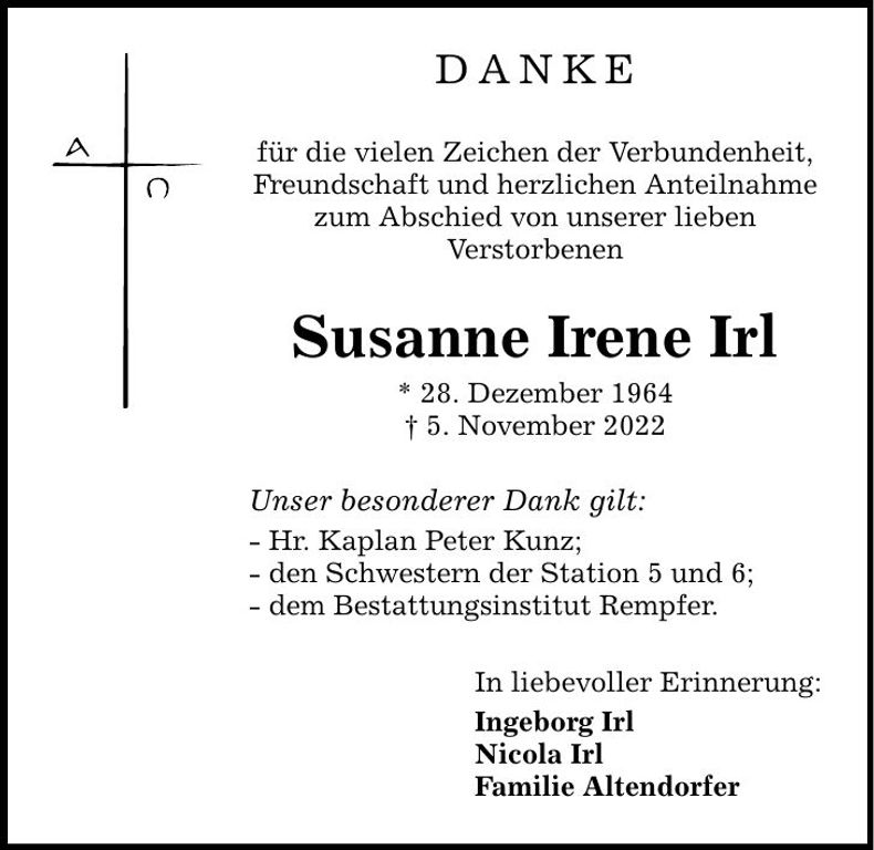 Traueranzeige Susanne Irene Irl