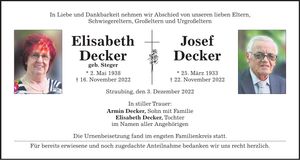 Traueranzeige Elisabeth und Josef Decker