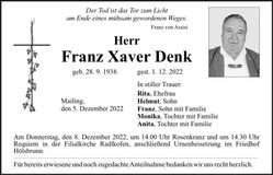 Traueranzeige Franz Xaver Denk