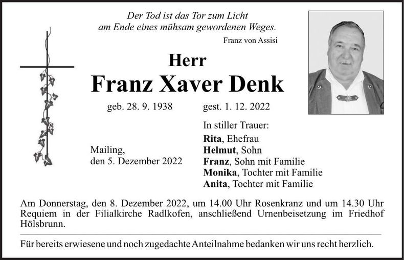 Traueranzeige Franz Xaver Denk