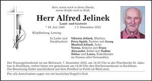 Traueranzeige Alfred Jelinek