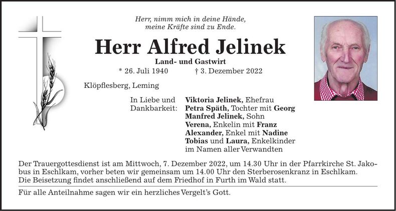 Traueranzeige Alfred Jelinek