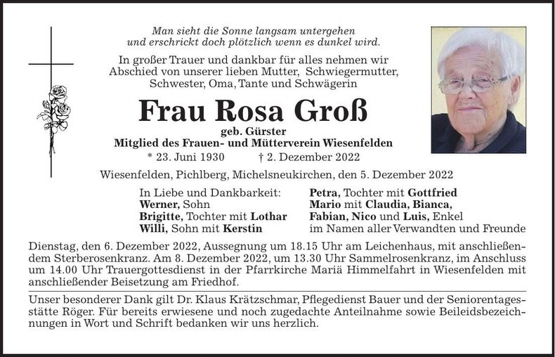 Traueranzeige Rosa Groß