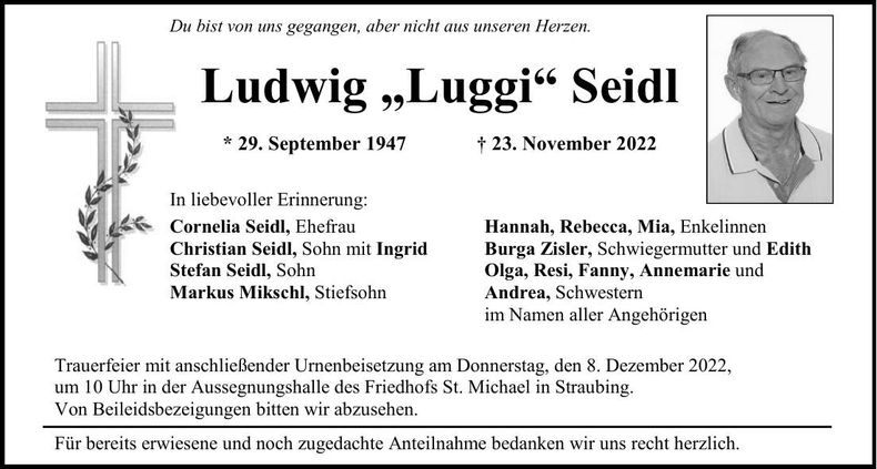 Traueranzeige Ludwig Seidl
