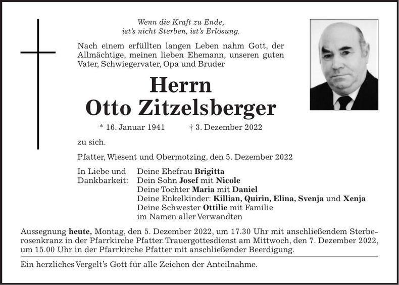Traueranzeige Otto Zitzelsberger