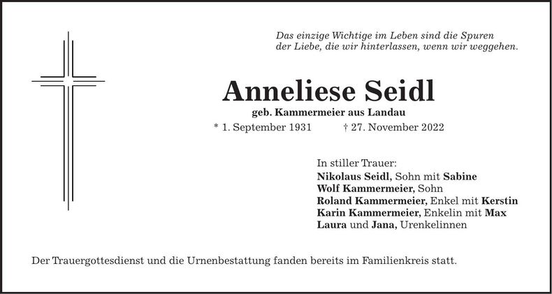 Traueranzeige Anneliese Seidl