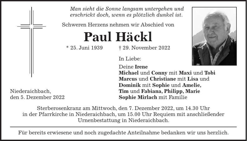 Traueranzeige Paul Häckl