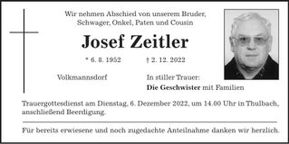 Traueranzeige Josef Zeitler