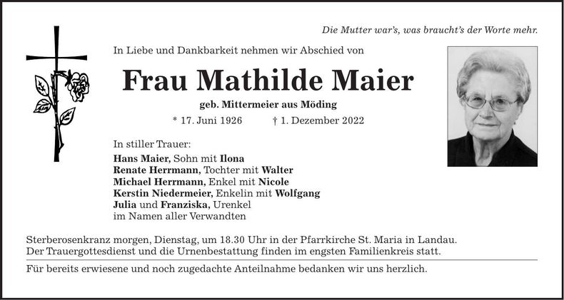Traueranzeige Mathilde Maier