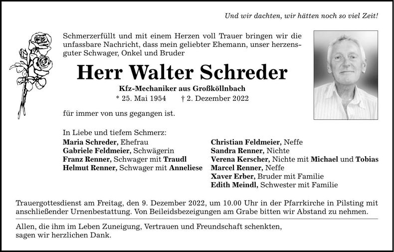 Traueranzeige Walter Schreder