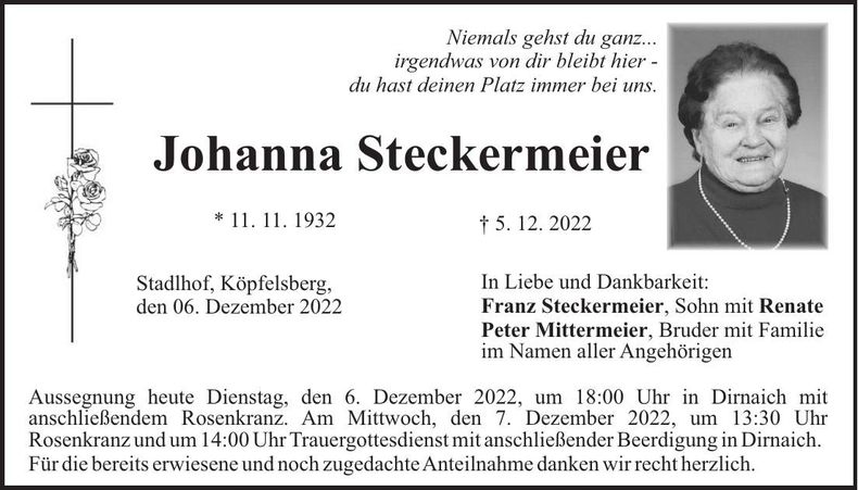 Traueranzeige Johanna Steckermeier