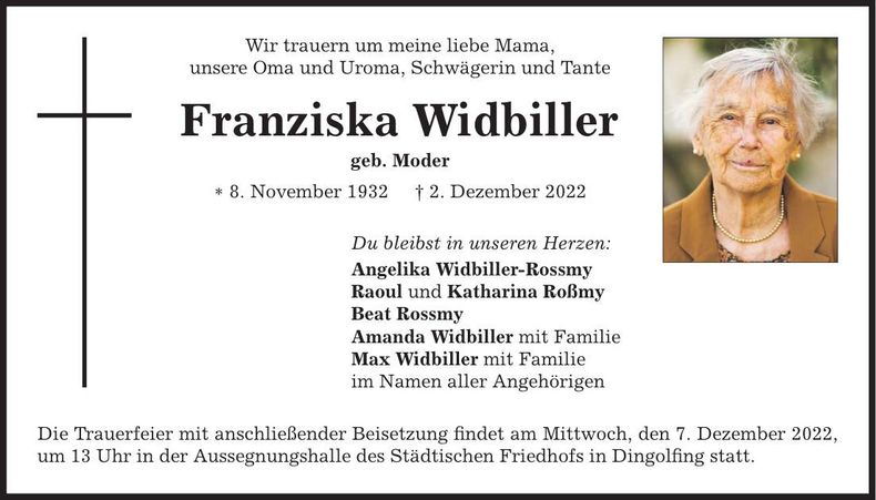 Traueranzeige Franziska Widbiller