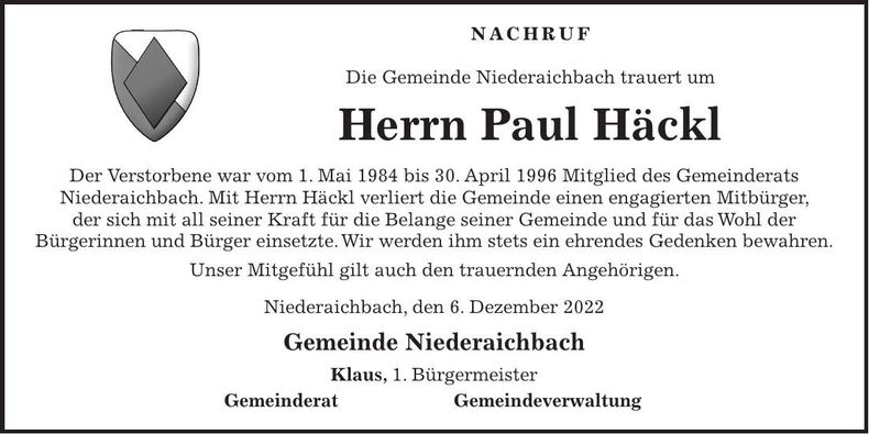 Traueranzeige Paul Häckl