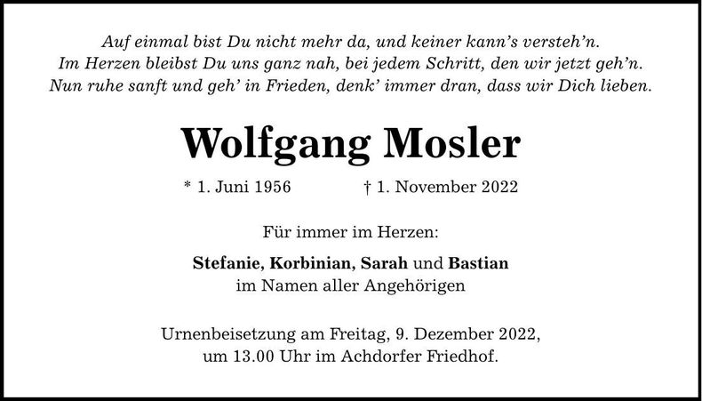 Traueranzeige Wolfgang Mosler