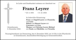 Traueranzeige Franz Leyrer