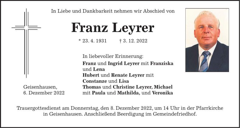 Traueranzeige Franz Leyrer